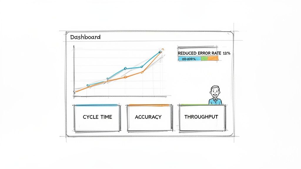 A hand-drawn dashboard displaying performance metrics, including line graphs, error rate, cycle time, accuracy, and throughput.