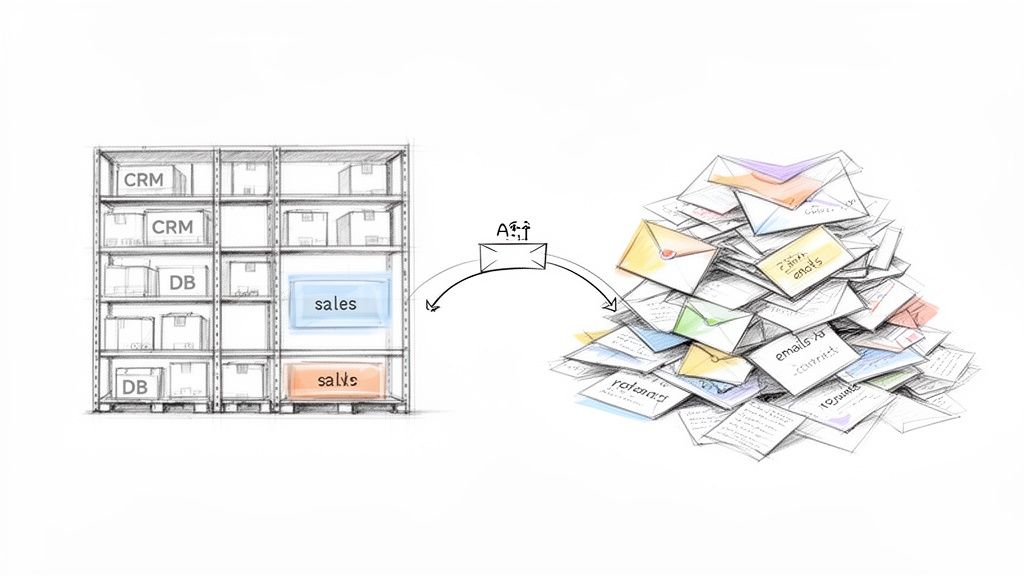 Diagram showing data extraction from email piles into structured CRM and sales systems.