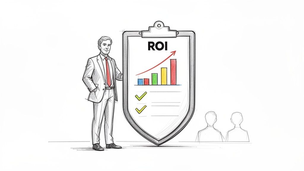 A businessman presents a shield-shaped clipboard displaying a 'ROI' growth chart with checkmarks to an audience.