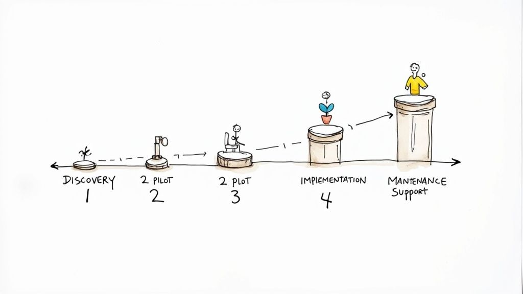 An illustration depicting a five-stage project or service delivery process from discovery to maintenance support.