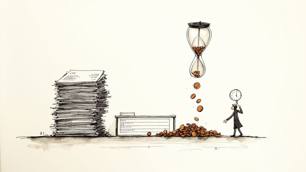 An illustration of a large paper stack, an hourglass pouring coins, and a man holding a clock, signifying time and money.