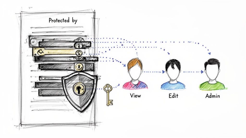 Sketch illustrating document security and access control with View, Edit, and Admin user roles.