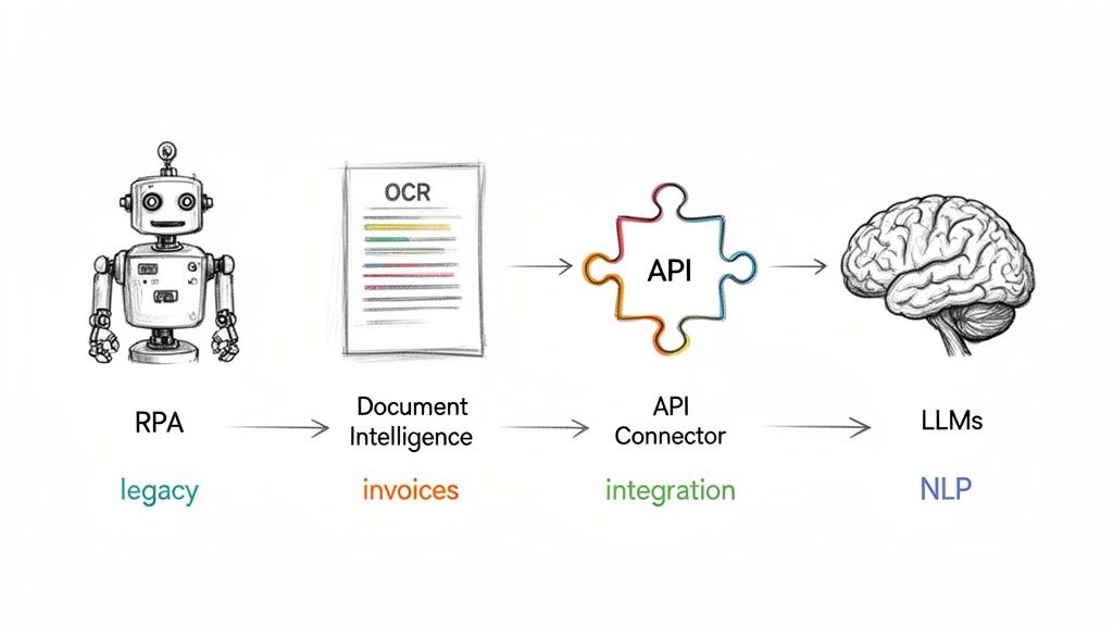 Workflow diagram showing RPA, document intelligence (OCR), API connector, and LLMs (NLP) for automated data processing.