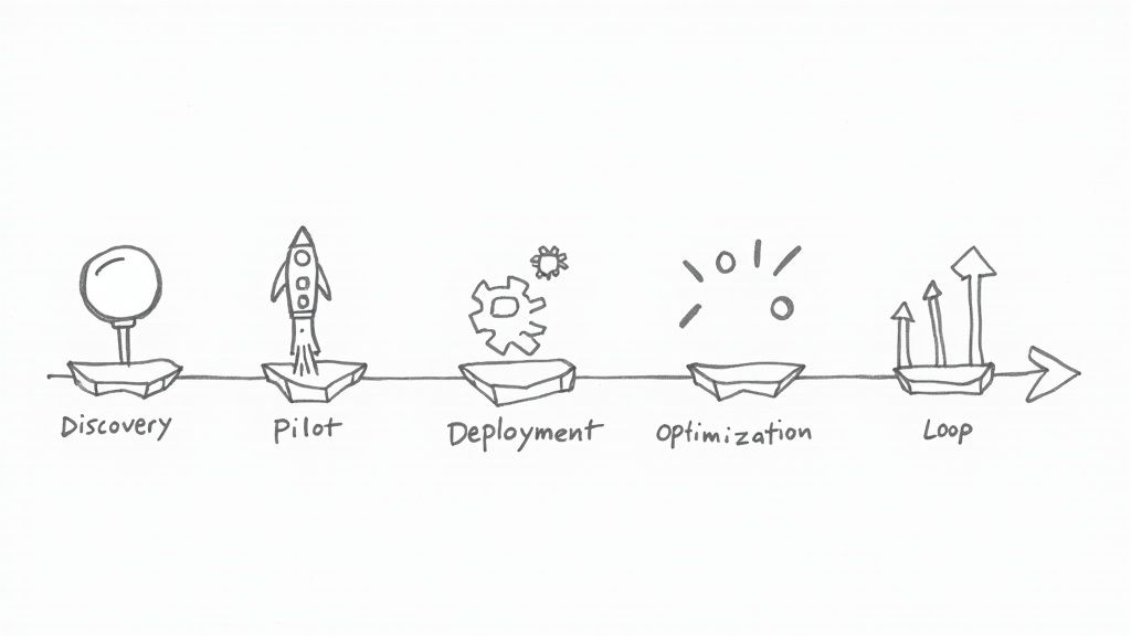 A hand-drawn diagram illustrating a five-stage process: Discovery, Pilot, Deployment, Optimization, and Loop.
