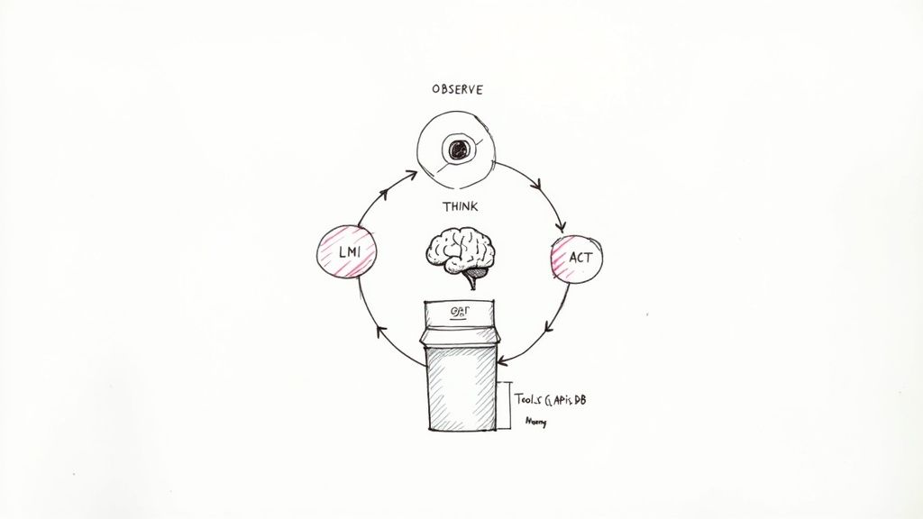 Diagram illustrating an AI agent's operational cycle: Observe, Think, Act, LMI, using Tools and Memory.
