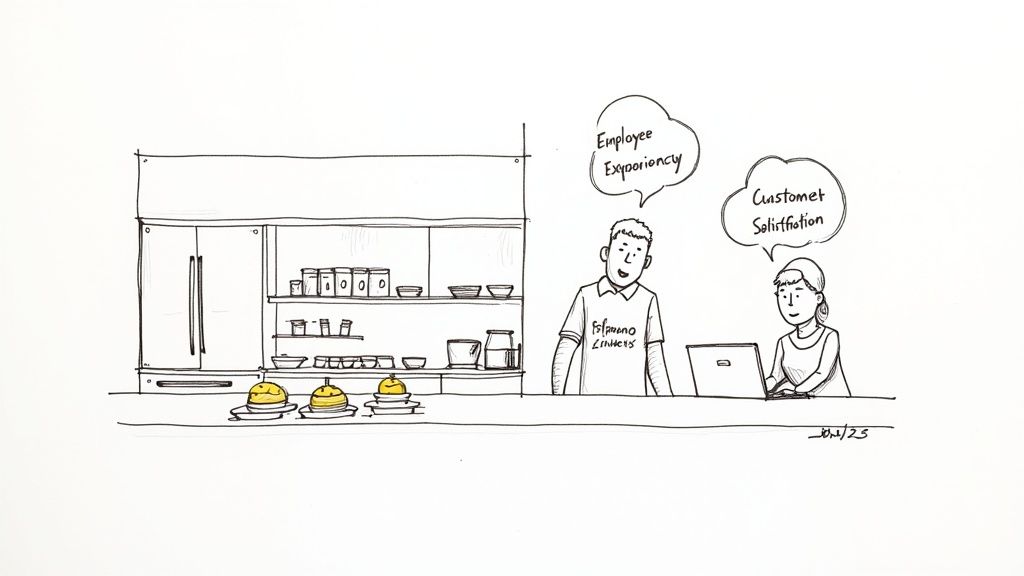 Hand-drawn sketch of a restaurant counter with staff discussing employee experience and customer satisfaction.