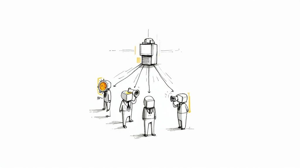 Illustration of a central system communicating with diverse human-like figures representing different types of users or services.