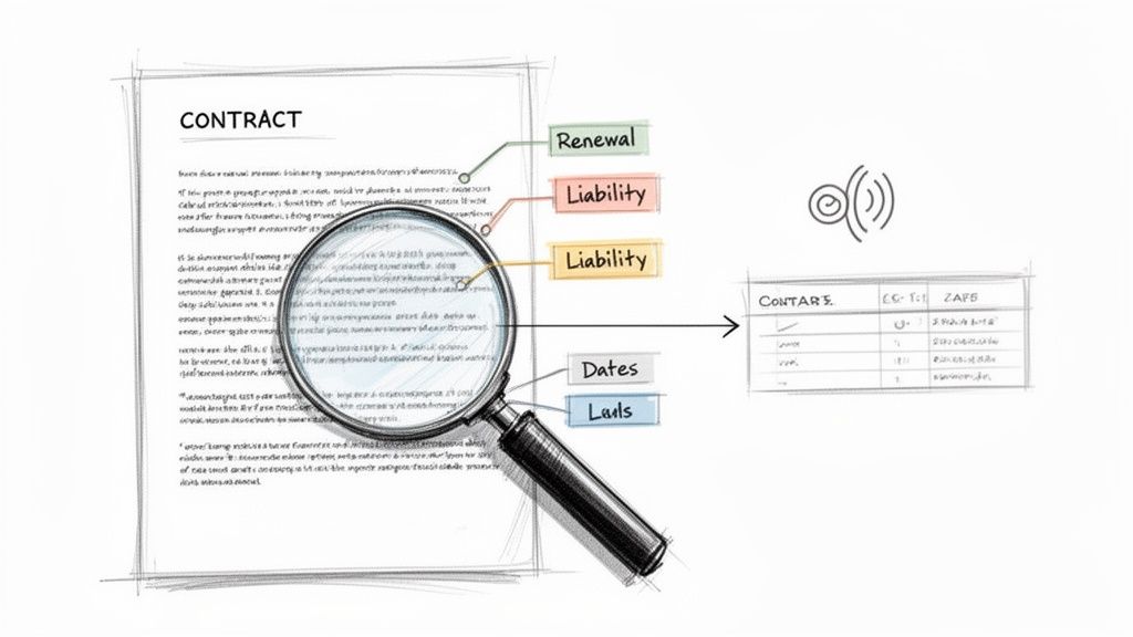 A magnifying glass analyzes a contract, extracting key terms like renewal, liability, and dates into a table.