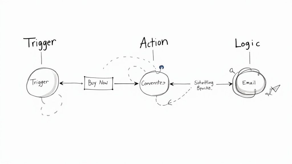 An image illustrating the three components of workflow automation Triggers Actions and Logic in a clear visual flow.