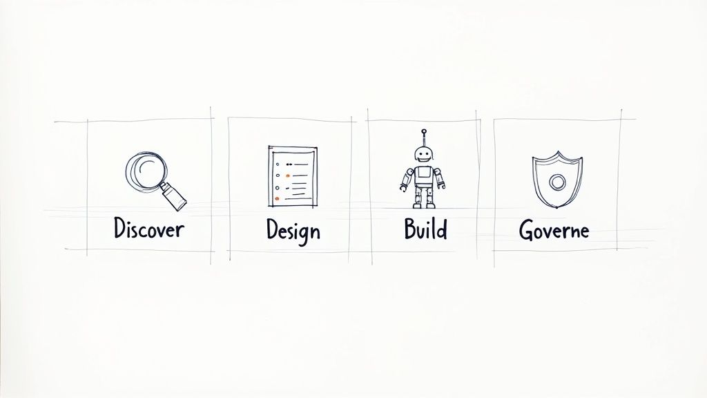A hand-drawn diagram showing a four-stage consulting process: Discover, Design, Build, and Governe, with icons.