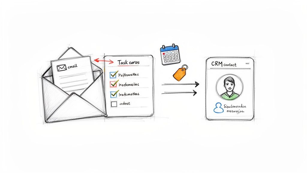 Hand-drawn diagram of an email converting to task cards, then updating a CRM contact.