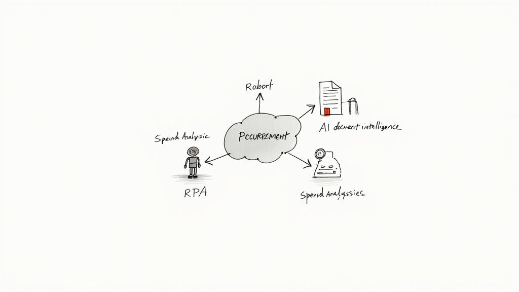 Procurement automation diagram showing Robert AI, RPA robot, and spend analytics workflow integration