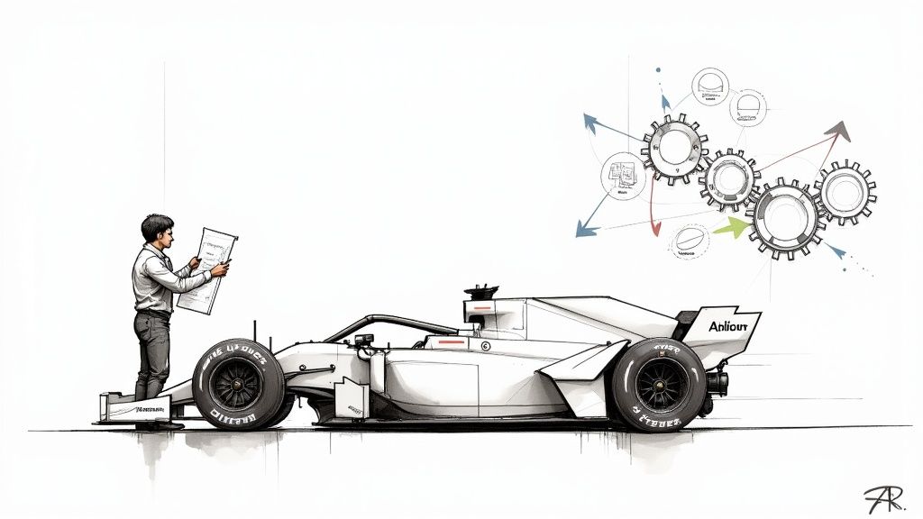 An engineer studies blueprints next to a white Formula 1 car, with a diagram of gears and arrows representing a development process.