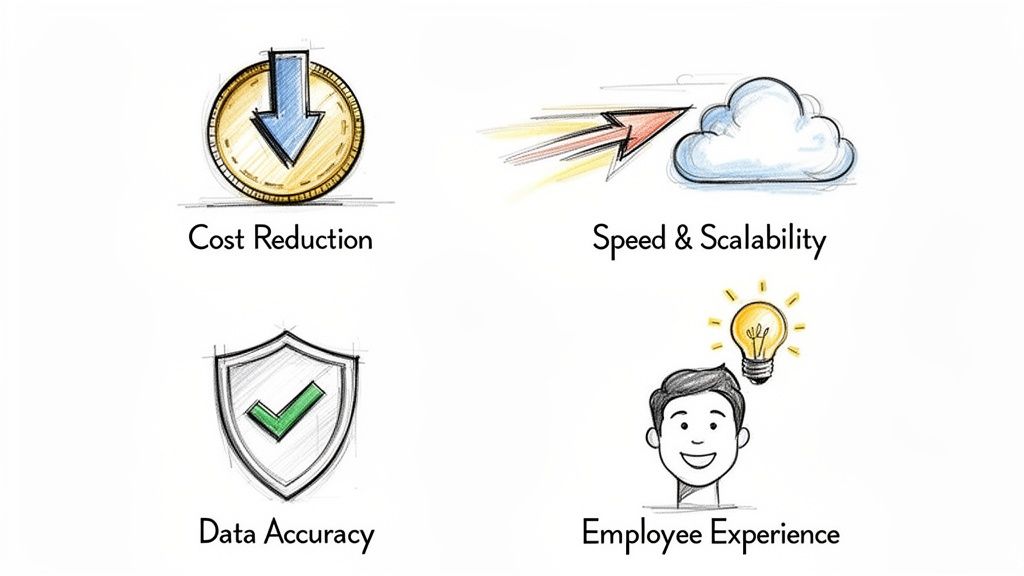 Four illustrated benefits: Cost Reduction, Speed & Scalability, Data Accuracy, and Employee Experience.