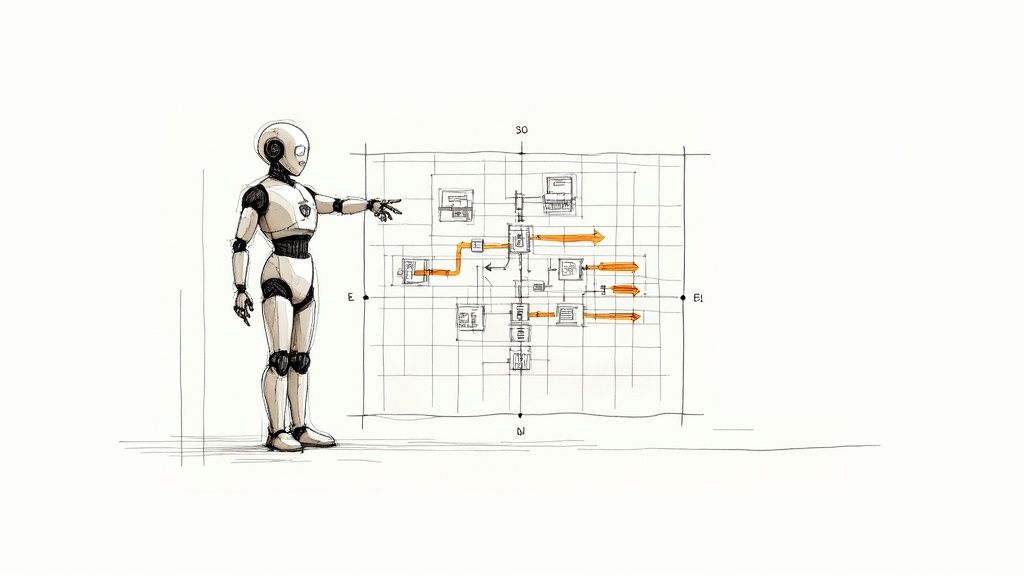 A humanoid robot points to a complex technical diagram on a grid, illustrating data flow and process automation.
