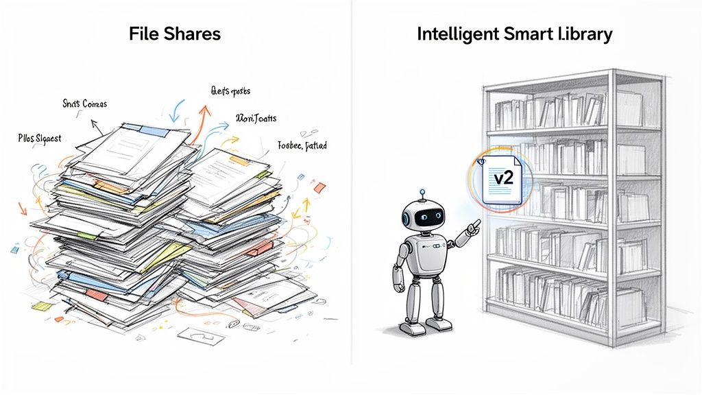 Illustration contrasting messy traditional file shares with an organized, robot-managed intelligent smart library.