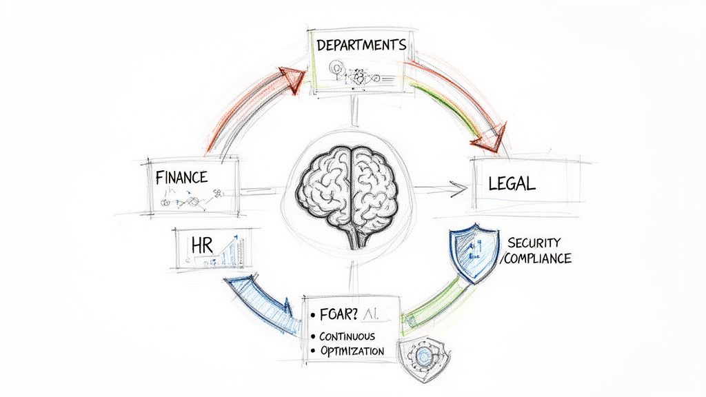Diagram showing a central brain optimizing various business functions: Finance, HR, Legal, Departments, and Security/Compliance.