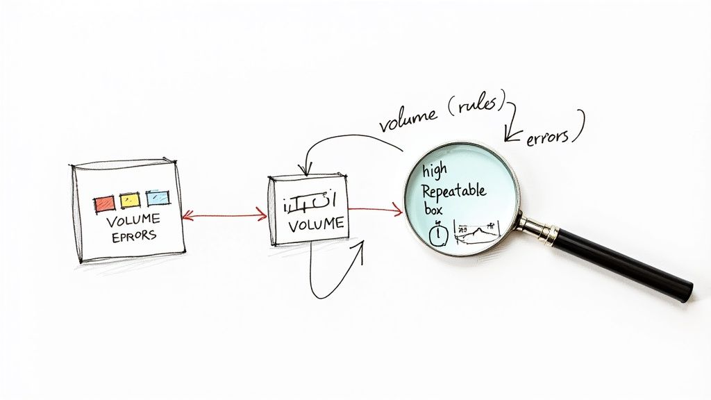 A magnifying glass hovering over a business workflow diagram, highlighting potential areas for automation.