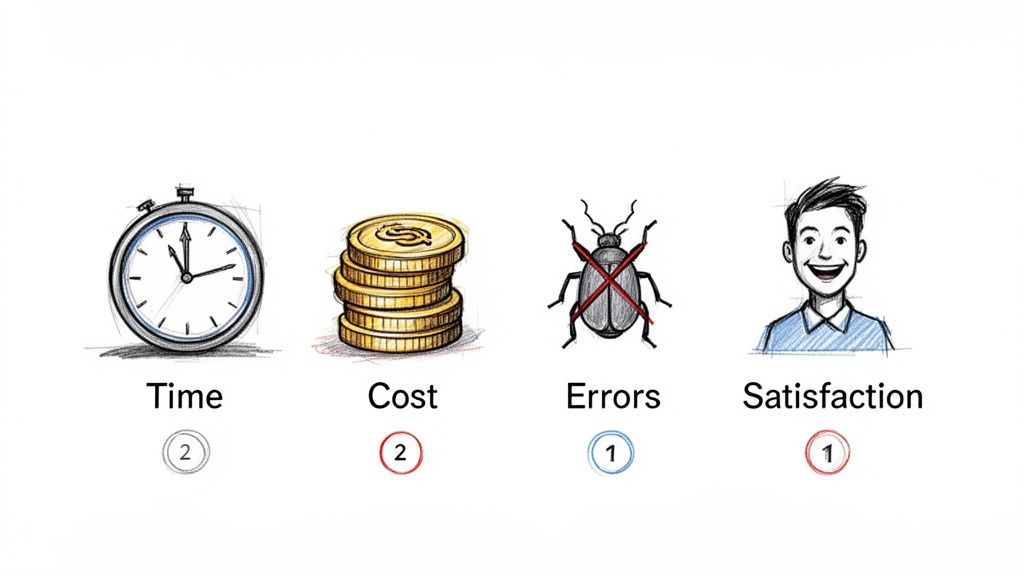 Sketch illustration showing time (2), cost (2), errors (1), and satisfaction (1) as key project metrics.