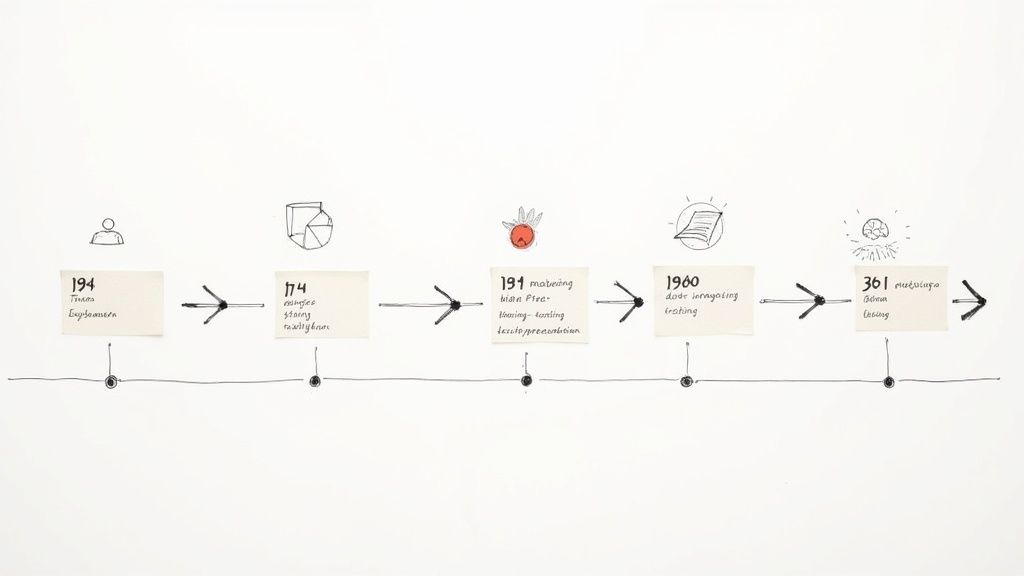 Hand-drawn timeline illustration with sticky notes, arrows, and various icons representing a process.