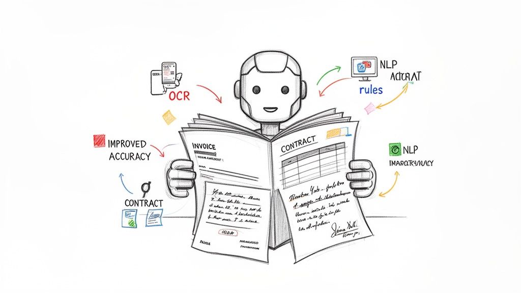 An illustration of a robot extracting data from documents using OCR, NLP, and rules for improved accuracy.