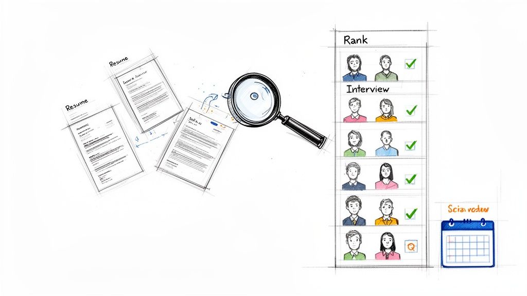 Illustration showing resumes being reviewed with a magnifying glass, leading to ranked candidates for interviews.