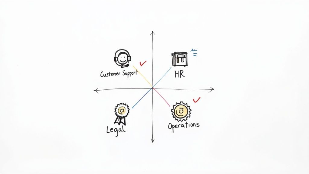 A hand-drawn quadrant chart illustrating four business departments: Customer Support, HR, Operations, and Legal.