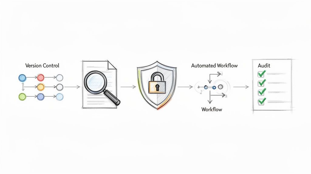 A diagram illustrating a secure electronic documentation management system, featuring version control, review, security, workflow, and audit.