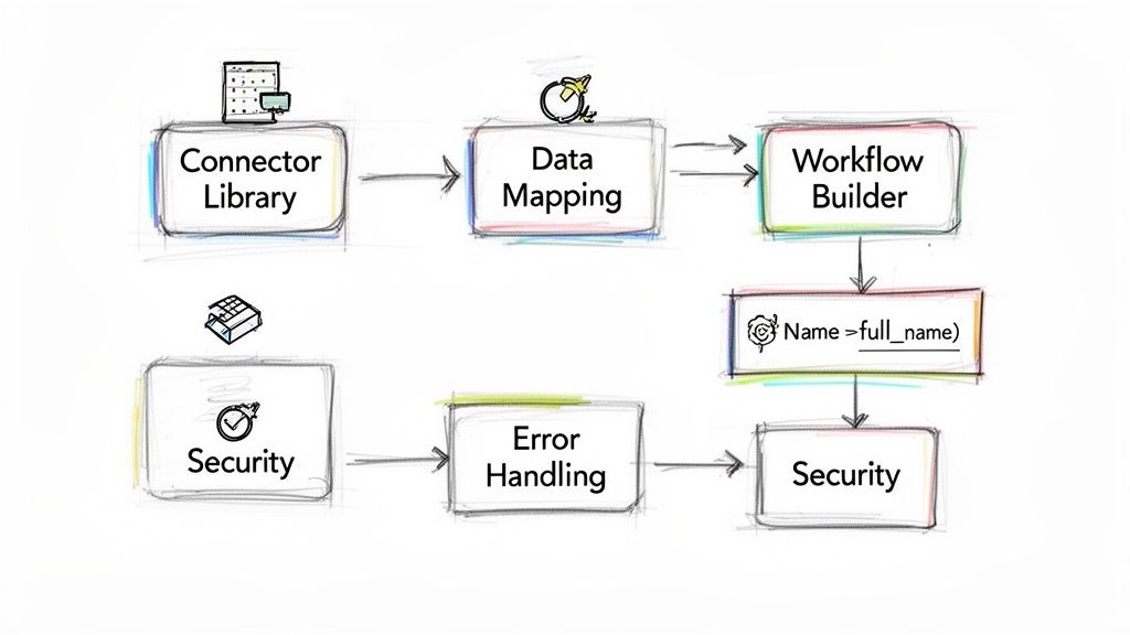 Flowchart depicting an integration workflow, including connector library, data mapping, workflow builder, and security steps.
