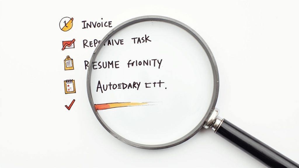 A person using a magnifying glass to examine a business process chart, symbolizing the search for automation opportunities.