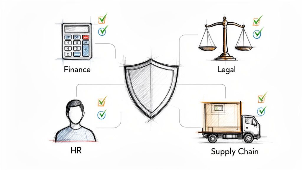 A central shield connects finance, legal, HR, and supply chain departments with checkmarks, symbolizing comprehensive compliance.