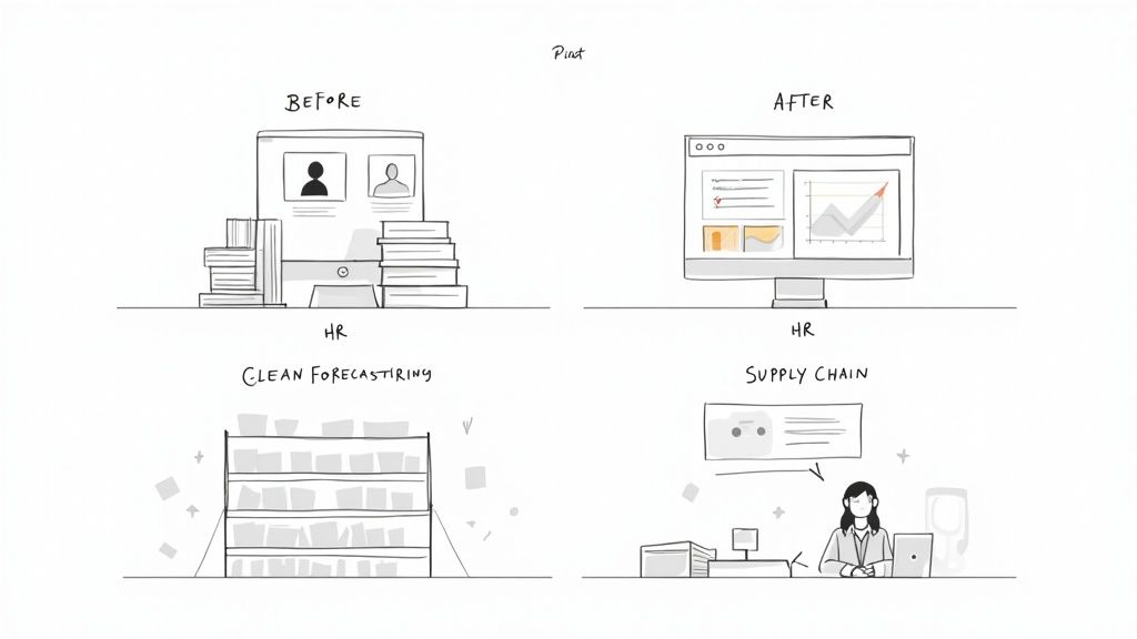 Illustration showing before and after business process transformation in HR, forecasting, and supply chain.