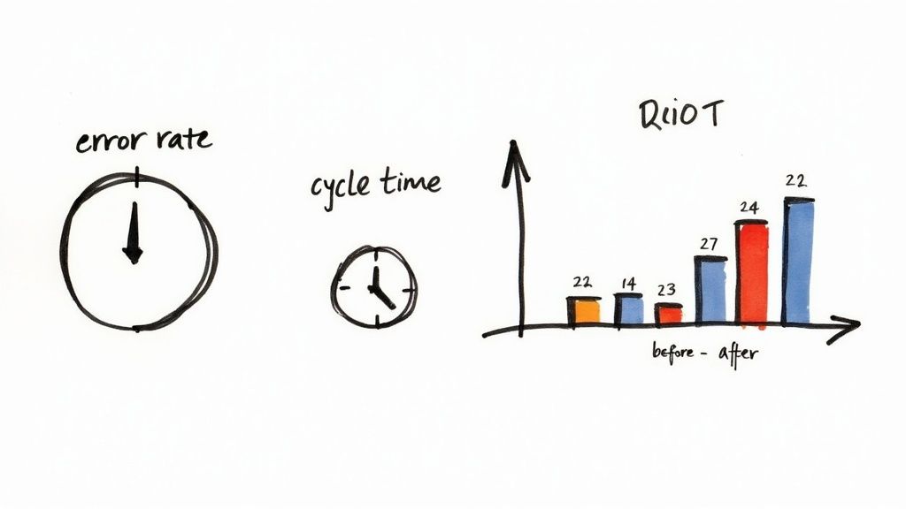 Illustration showing process improvement metrics: error rate, cycle time, and a RiiOT before-after bar chart.