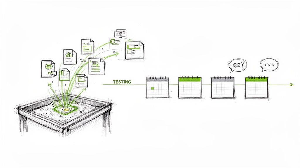 A hand-drawn workflow diagram showing documents, a 'TESTING' phase, and a timeline with communication.