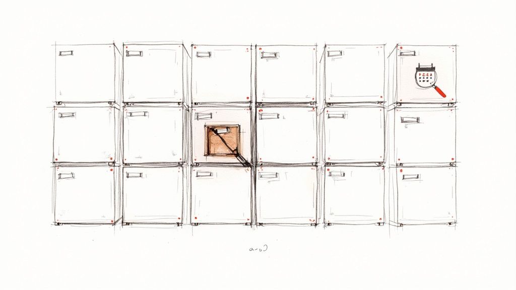 Wall of white storage lockers with one open compartment and electronic keypad system