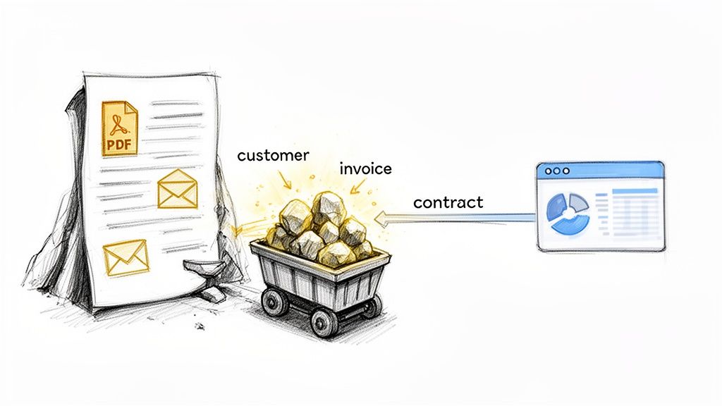 Illustration showing data extraction from various sources like PDFs and emails, transforming raw data into structured information for analysis.