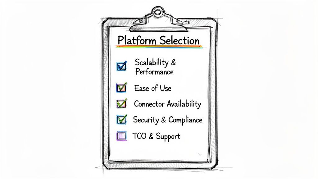 Clipboard with a 'Platform Selection' checklist highlighting key criteria: scalability, ease of use, security, and TCO.