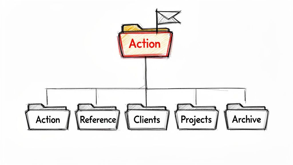 Hand-drawn diagram of a folder system for email and task management, featuring Action, Reference, Clients, Projects, Archive folders.