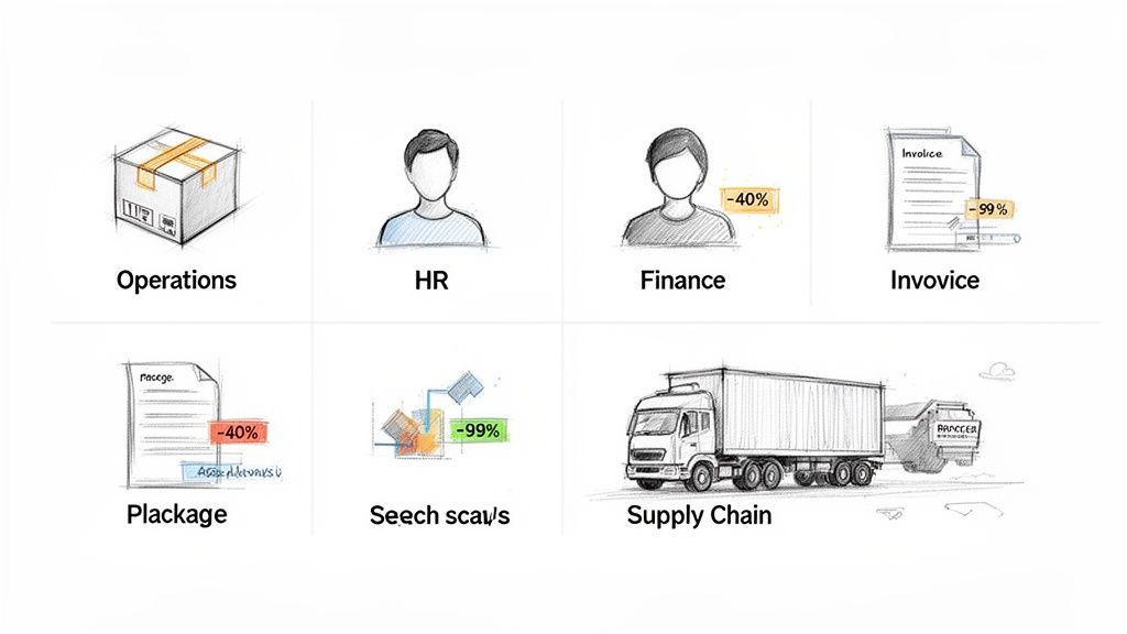 Sketched icons show various business functions: operations, HR, finance, invoicing, and supply chain, indicating process improvements.
