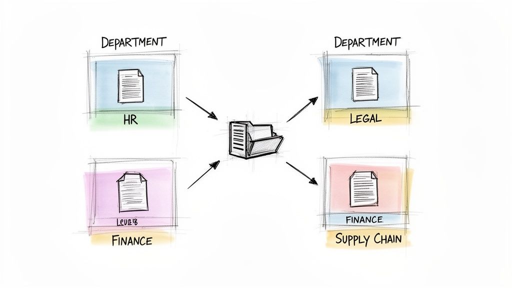 Diagram of a central document management system connecting HR, Legal, Finance, and Supply Chain departments.