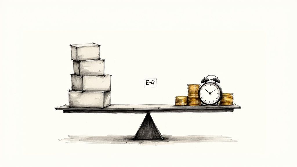 Balance scale with stacked boxes on left and coins with clock on right illustrating time management