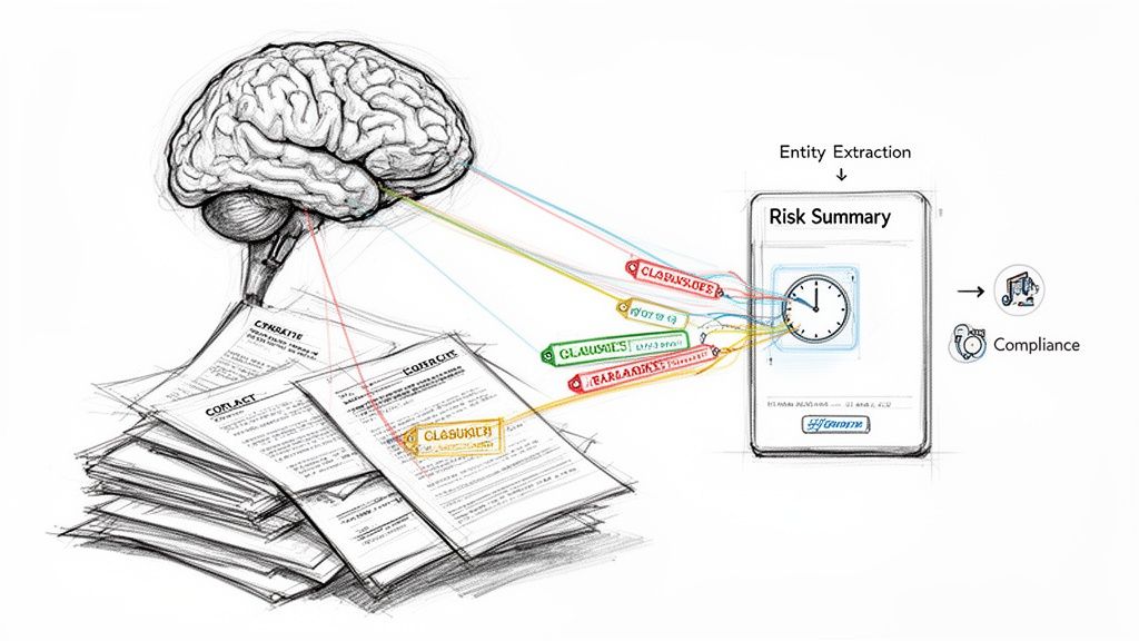 A visual representation of AI analyzing legal documents for risk summary and ensuring compliance.