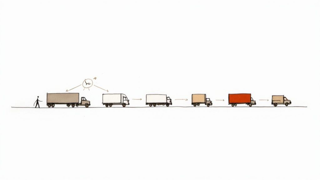 An illustration depicting a supply chain process with a person, a clock, and various trucks.