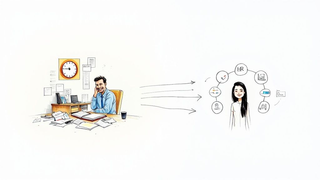 Illustration showing a man at a messy desk transforming into a woman with an organized HR process diagram.