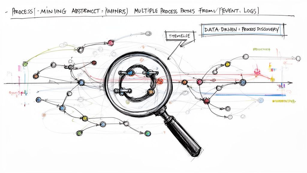 Hand-drawn diagram illustrating process mining, abstract multiple paths, and data-driven process discovery from event logs.