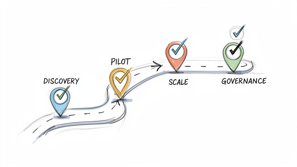 A roadmap graphic illustrating four project stages: Discovery, Pilot, Scale, and Governance, marked by colorful pins.