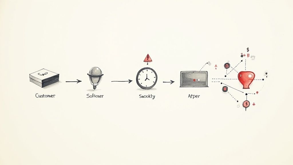 Supply chain workflow diagram showing customer order process through software, scheduling, and delivery stages