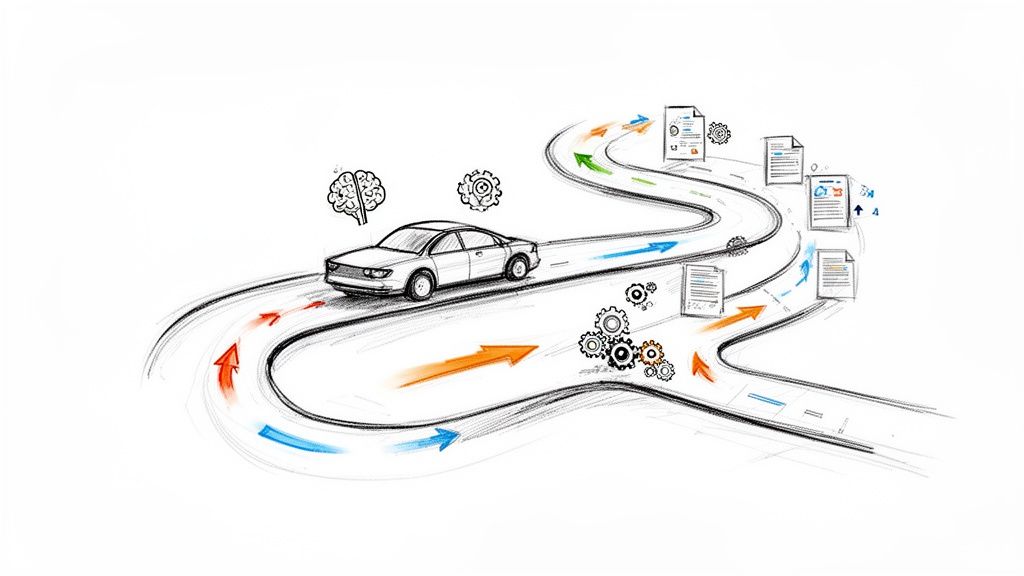 A car on a winding road surrounded by brains, gears, and documents, symbolizing intelligent workflow automation.