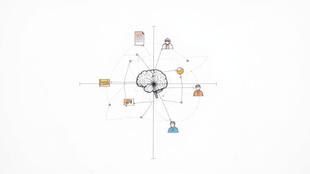 A conceptual drawing of a brain at the center of a network of information and individuals.