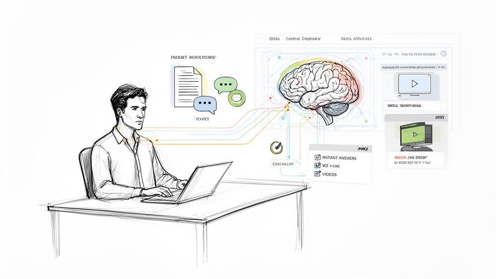 A sketch of a man on a laptop interacting with a visual knowledge management system, processing documents and data.